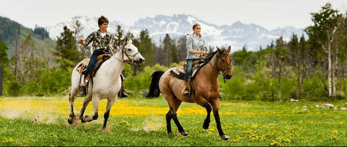 Confident plus-size woman riding Lancaster a horse through a field with a smile on her face.
